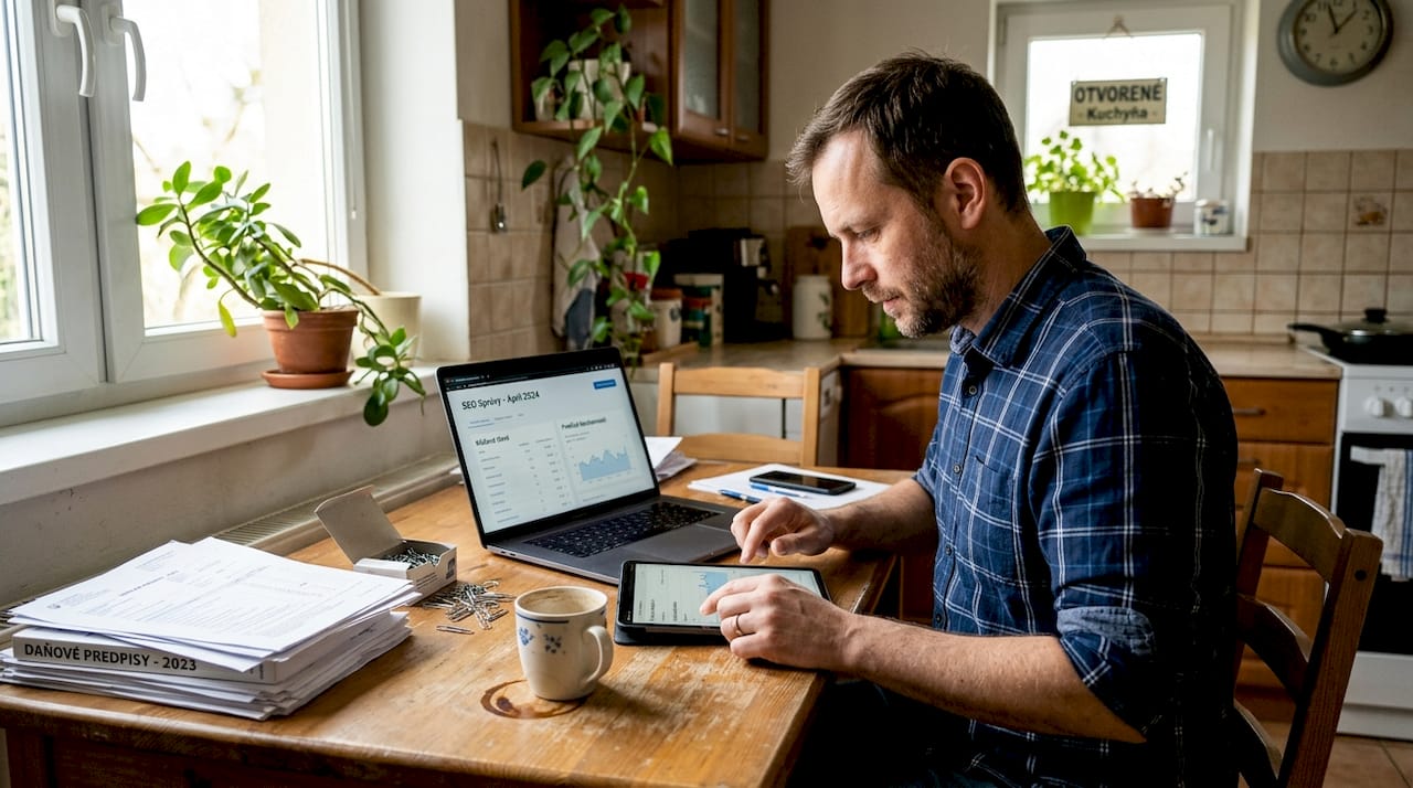 Podnikateľ si v kuchyni pri káve prezerá výsledky svojho webu a sleduje, ako sa mu darí v online vyhľadávačoch.