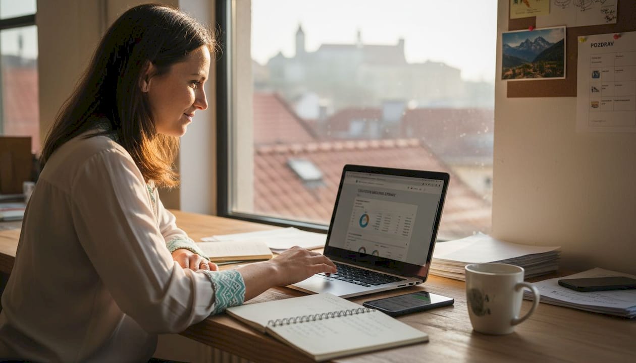 Majiteľ malej firmy si prezerá štatistiky návštevnosti svojej webovej stránky.