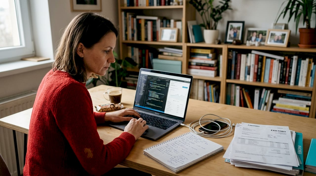 Mladá žena si vo svojej domácej pracovni nastavuje analytické nástroje na sledovanie návštevnosti webu.