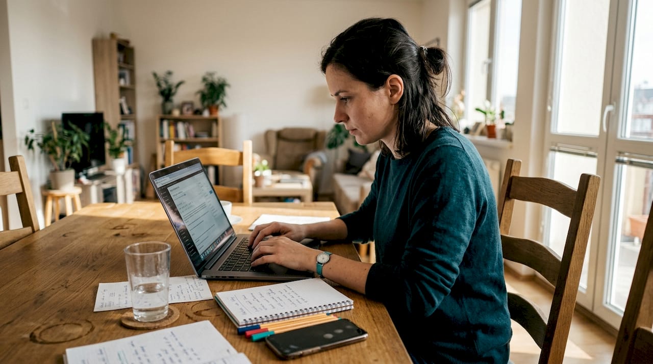 Žena pripravuje marketingové materiály z pohodlia domova.