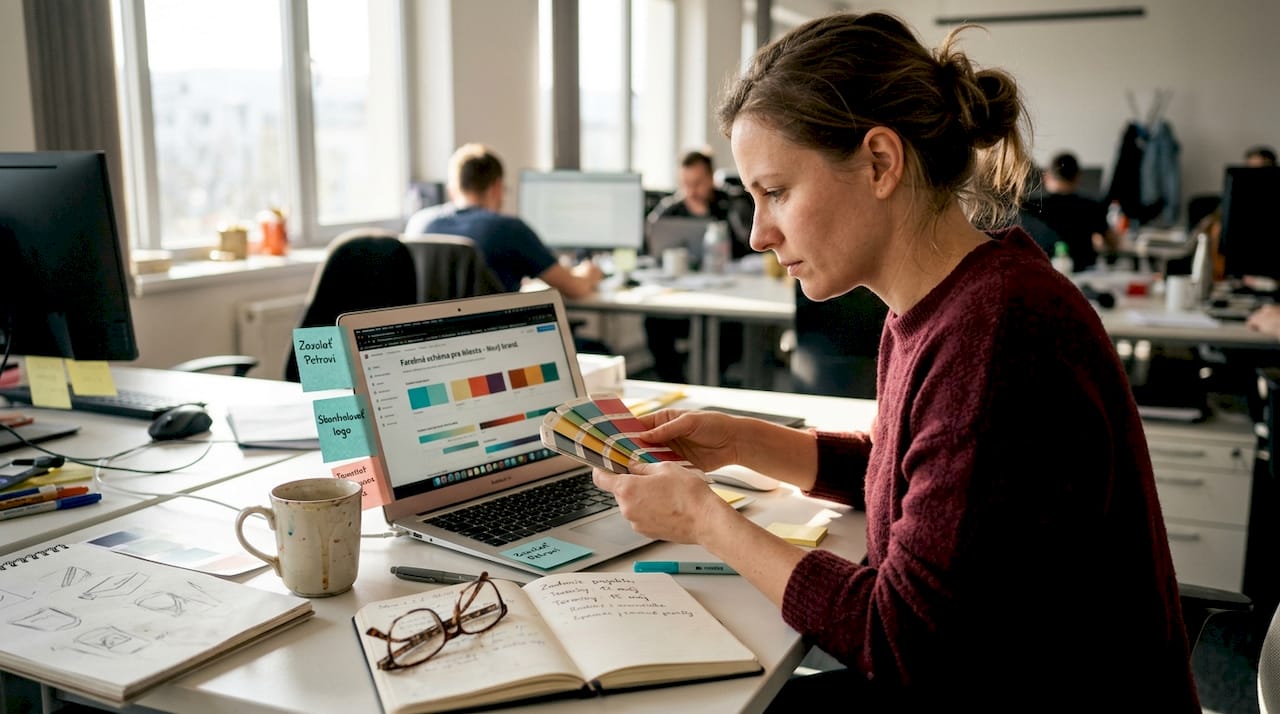 Dizajnérka si pri pracovnom stole vyberá farebnú paletu pre novú značku.