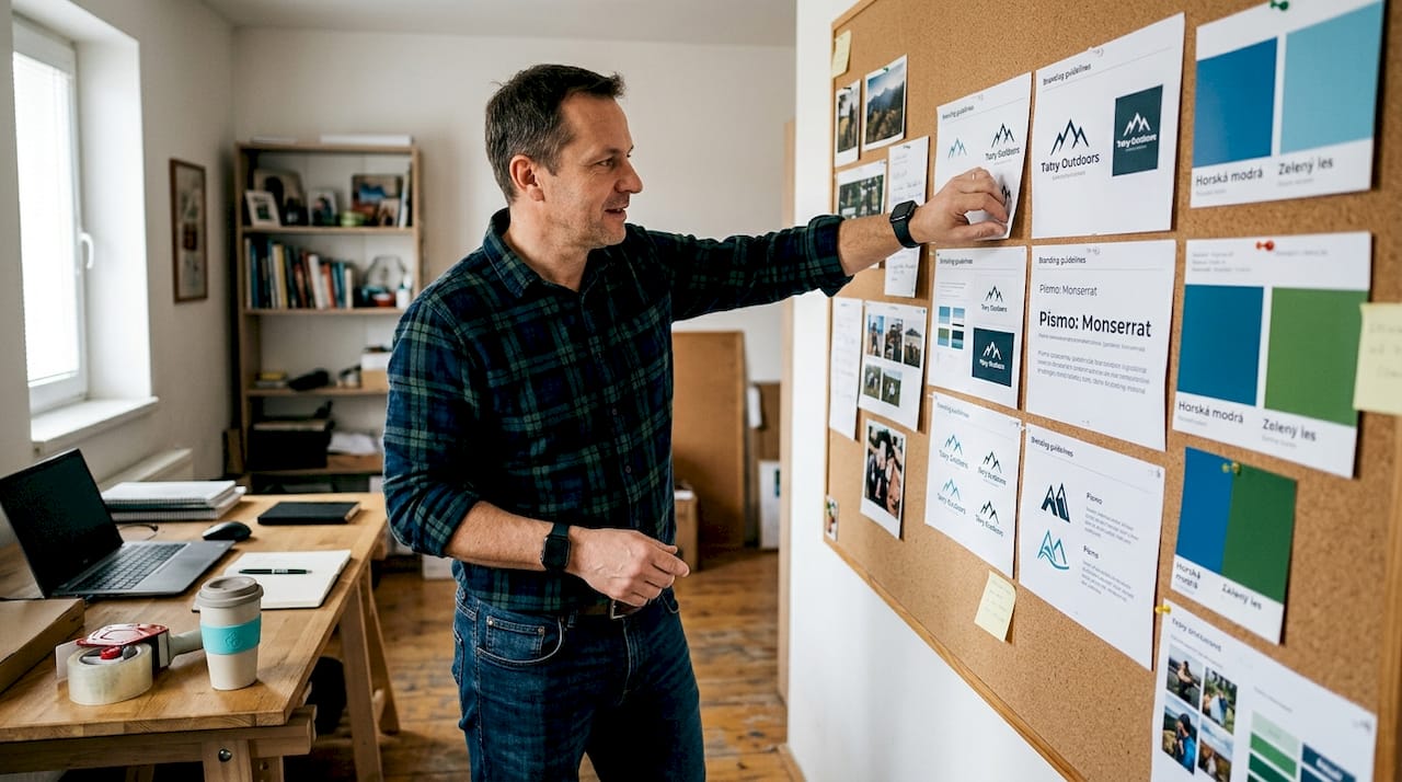 Majiteľ firmy vyvesuje zásady firemnej identity na nástenku.