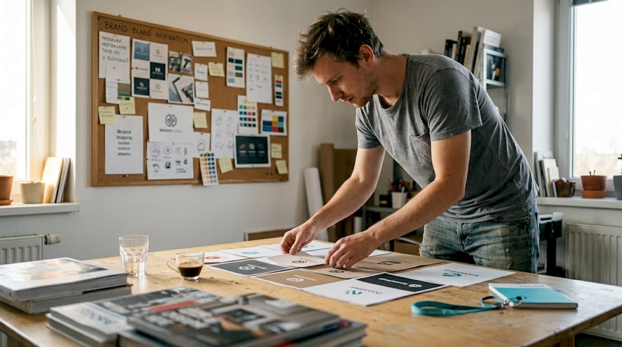 Dizajnér si prezerá vytlačené návrhy loga značky a hodnotí ich vizuálny dojem.