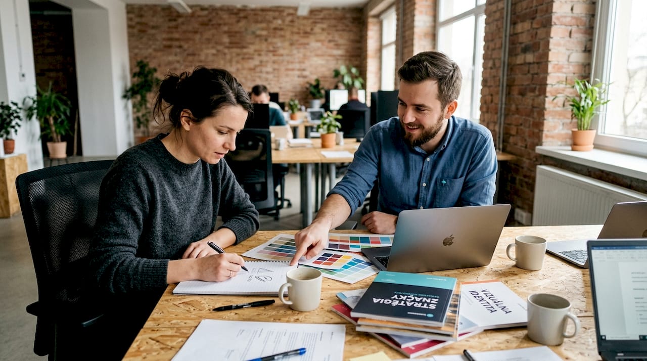 Tím spoločne v kancelárii vymýšľa nové nápady na firemnú identitu.