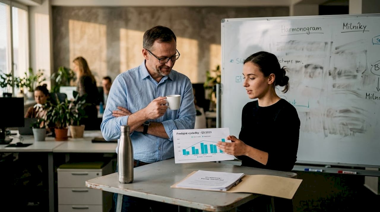 Manažér a kolega spolu pri stole rozoberajú spätnú väzbu.