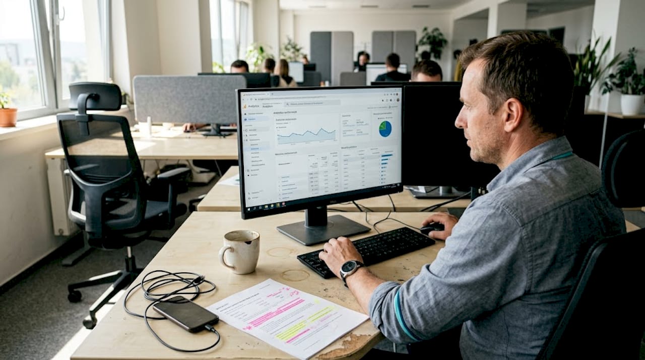 Marketér sedí pri otvorenom stole a detailne si prechádza výsledky SEO analýzy.