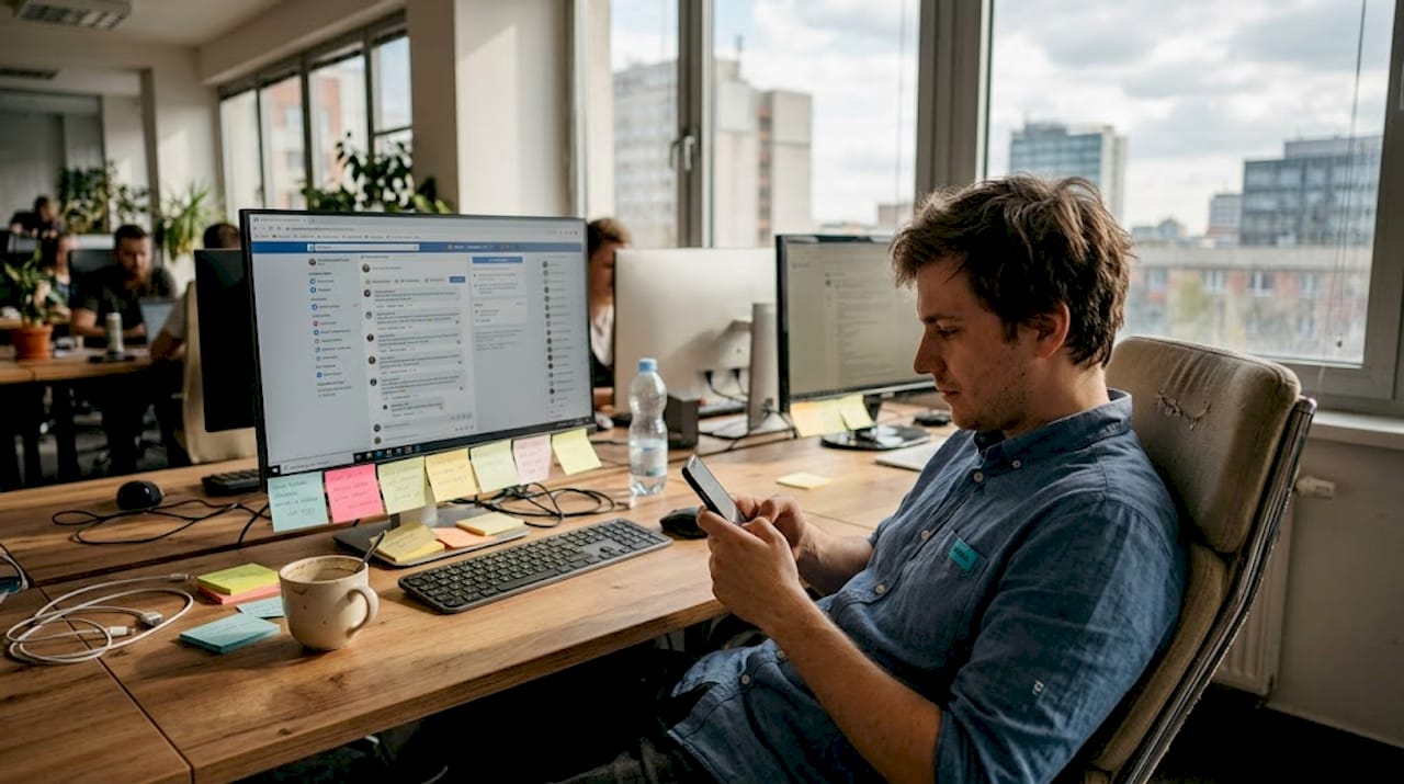 Muž odpovedá na príspevky v online komunite