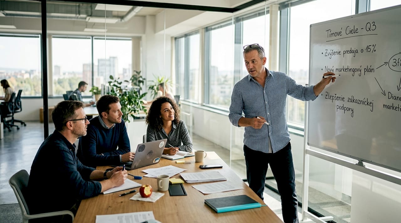 Majiteľ firmy predstavuje nové nápady svojmu malému tímu priamo v kancelárii.