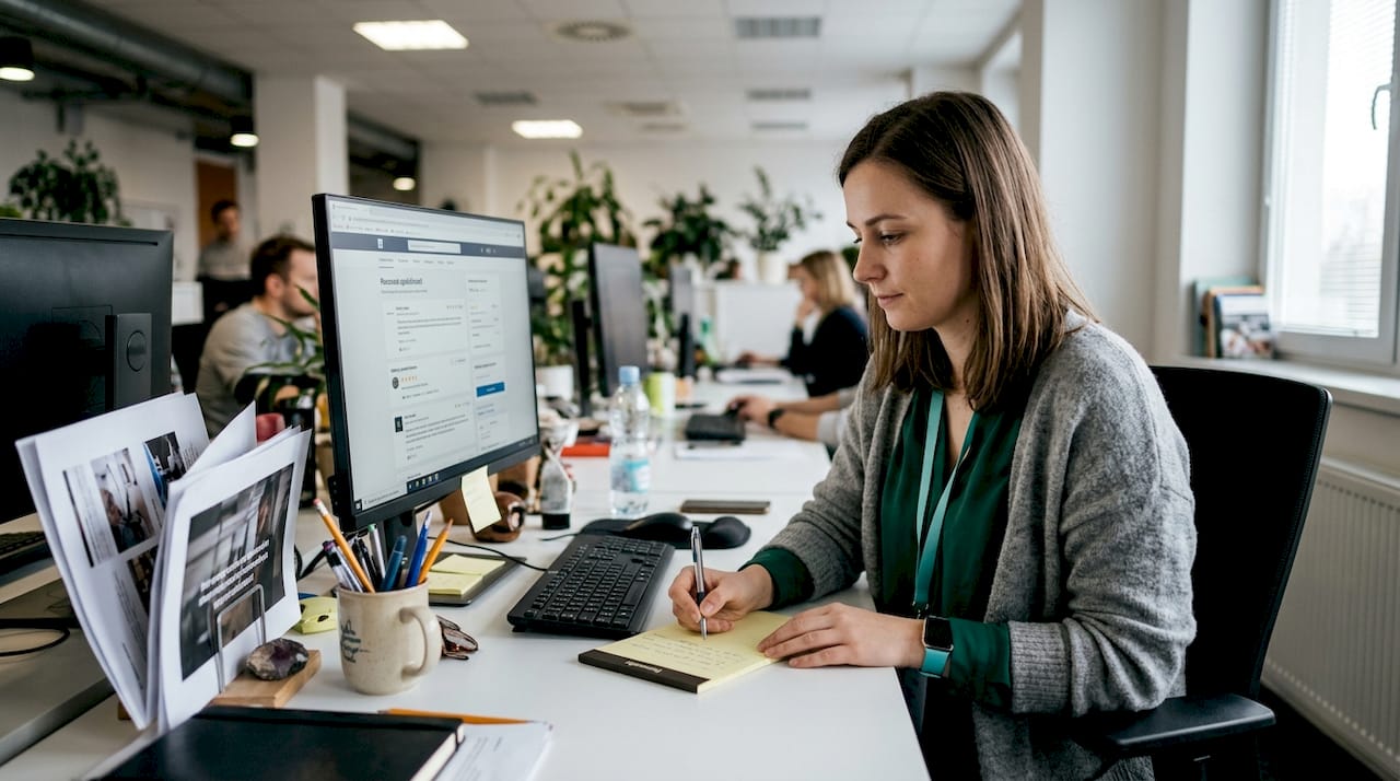 Zamestnanec si pri pracovnom stole prezerá hodnotenia firmy.