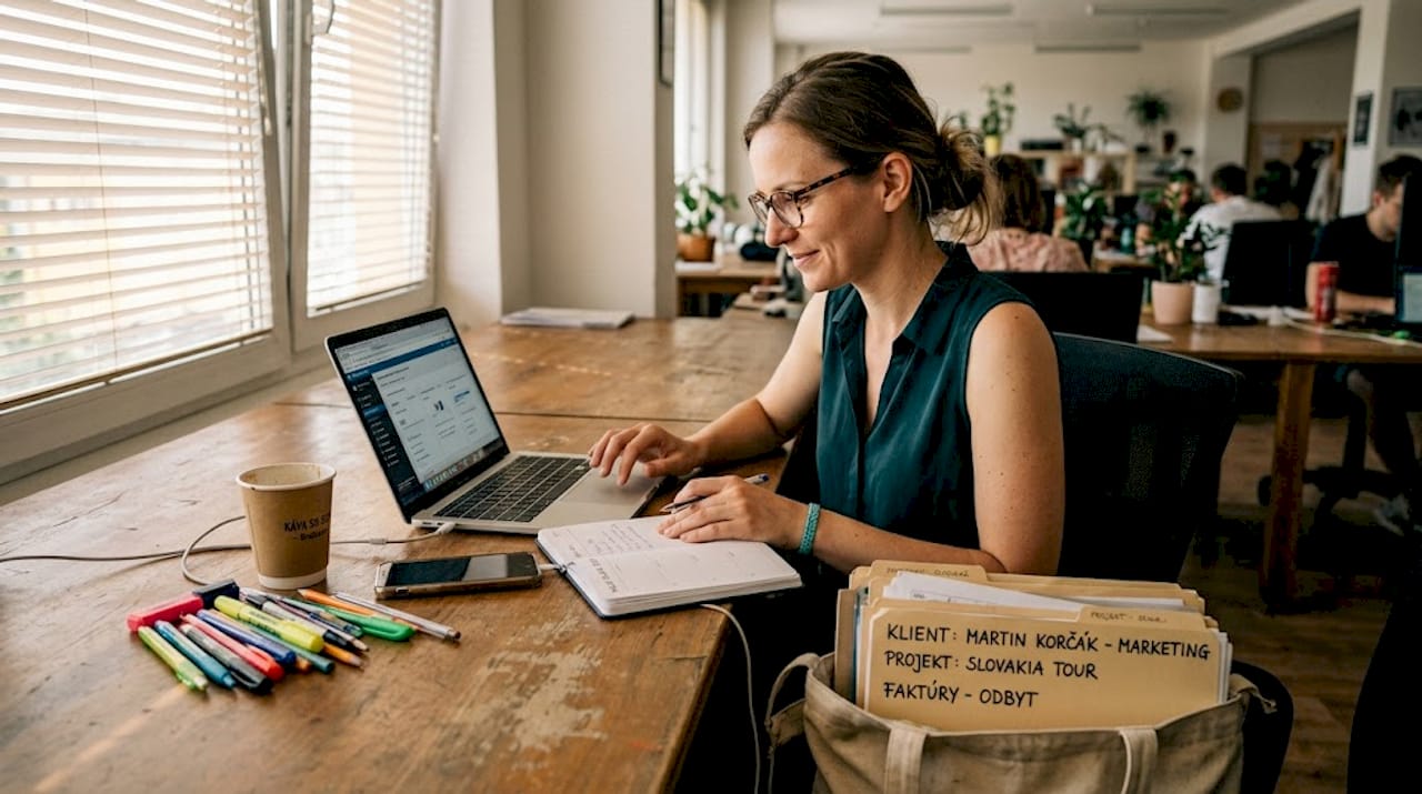 Social media manažérka, ktorá zvláda viacero úloh naraz priamo za svojim pracovným stolom.
