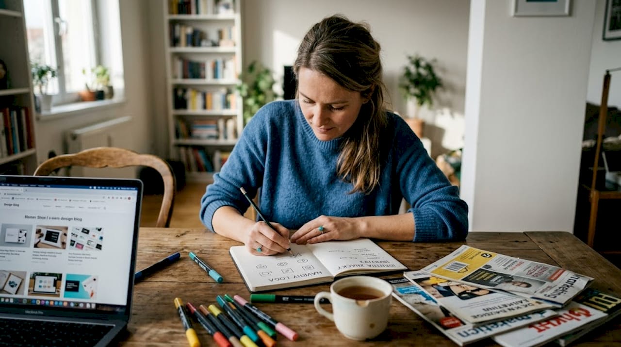 Majiteľ firmy sedí pri zapratanom stole a premýšľa nad novými nápadmi pre svoju značku.