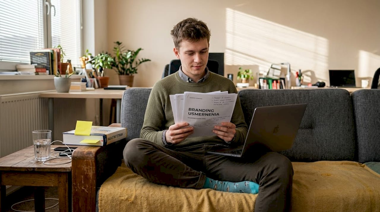 Marketér si na gauči prechádza firemný manuál identity.