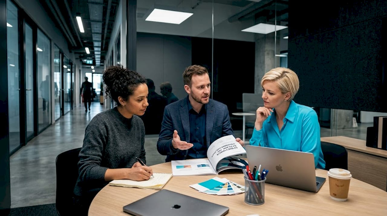 Stretnutie tímu pri stole, na ktorom sú rozložené propagačné materiály.