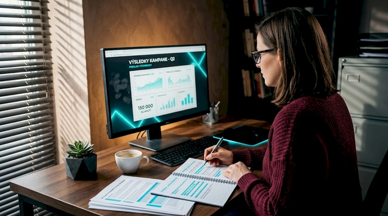 Mladá žena v kancelárii si prezerá výsledky reklamnej kampane a snaží sa zistiť, čo fungovalo najlepšie.