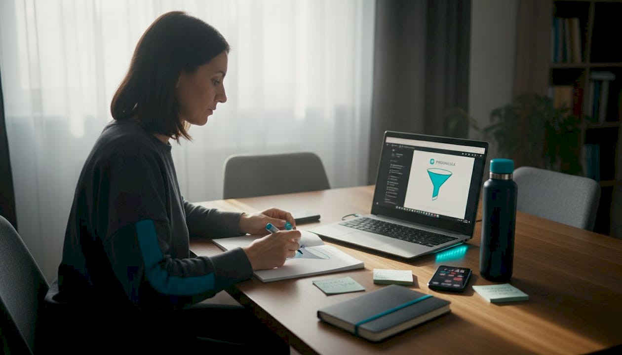 Žena si doma pri kuchynskom stole prezerá náčrt lievika a premýšľa nad jeho návrhom.