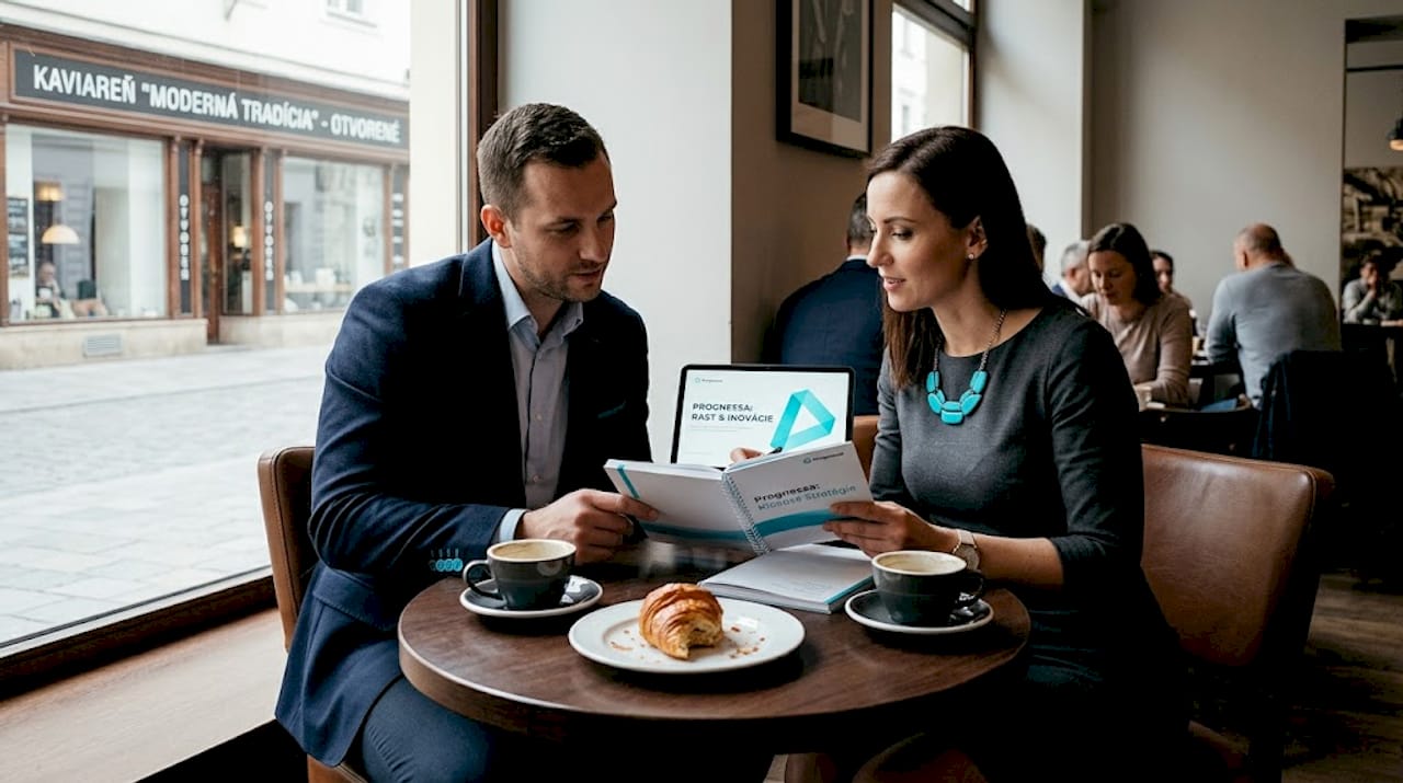 Pracovné stretnutie pri káve s tabletom v ruke