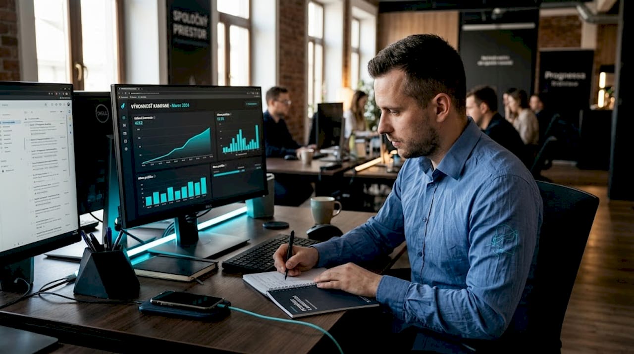 Marketingový špecialista si v kancelárii prezerá grafy a analyzuje výsledky.
