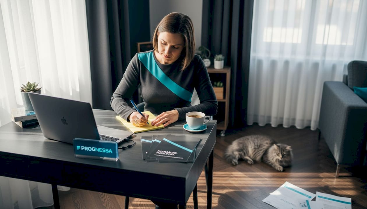 Copywriter pracuje doma za stolom, obklopený poznámkami a nápadmi.