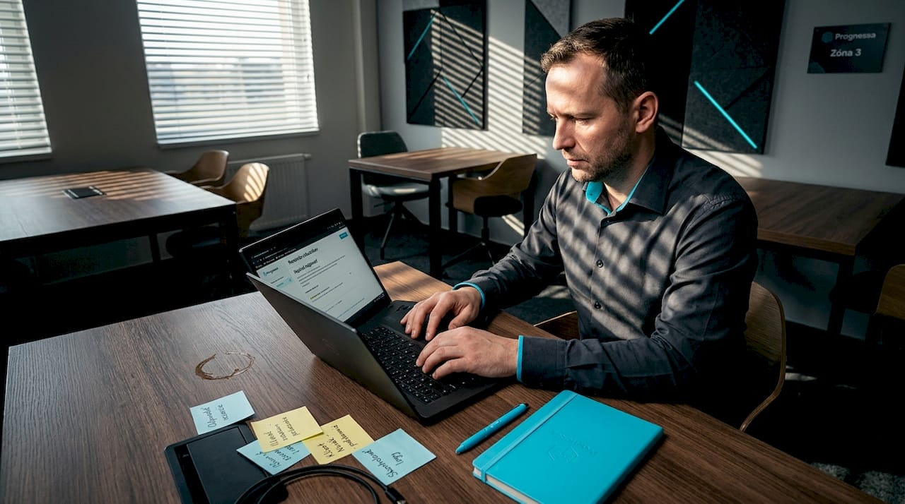 Muž sedí v coworkingovom priestore a odpovedá na hodnotenia svojej firmy.