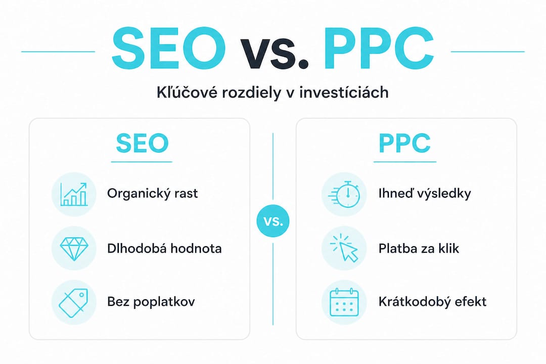 Prehľadná infografika: SEO vs. platená PPC reklama – výhody, rozdiely a kedy sa oplatí investovať do jednotlivých možností