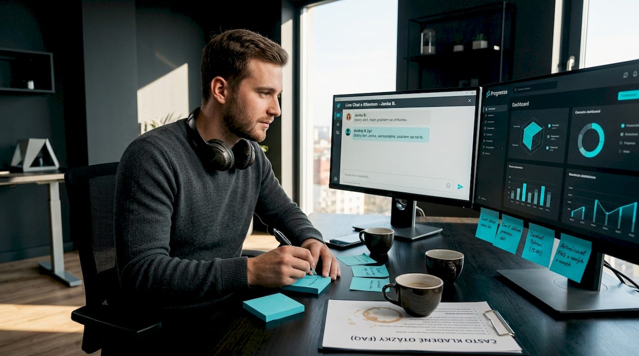 Muž pracuje v kancelárii a stará sa o zákazníkov cez online chat.