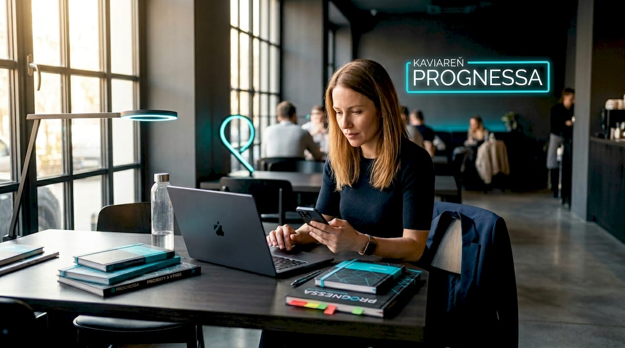 Žena sedí za stolom a zvláda viacero digitálnych komunikačných kanálov naraz.