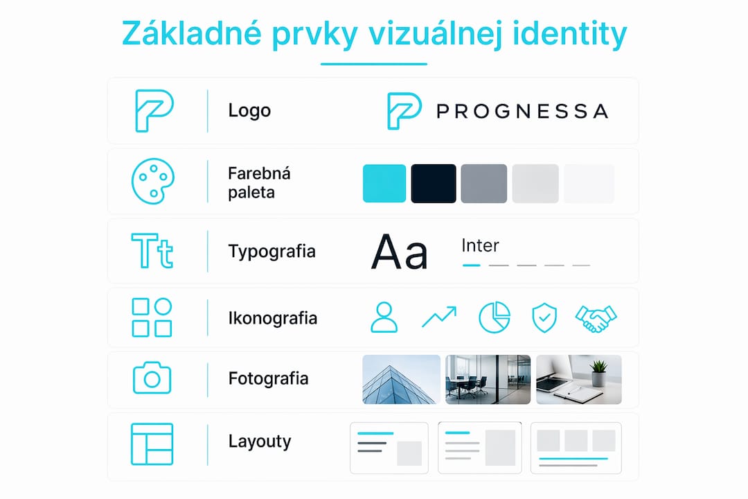 Prehľadová grafika zobrazujúca hlavné prvky vizuálnej identity usporiadané zhora nadol