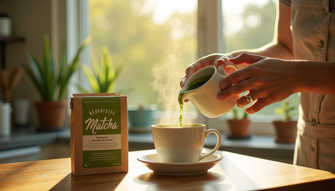 Frau gießt Matcha-Tee am sonnigen Küchentisch mit Matcha-Verpackung