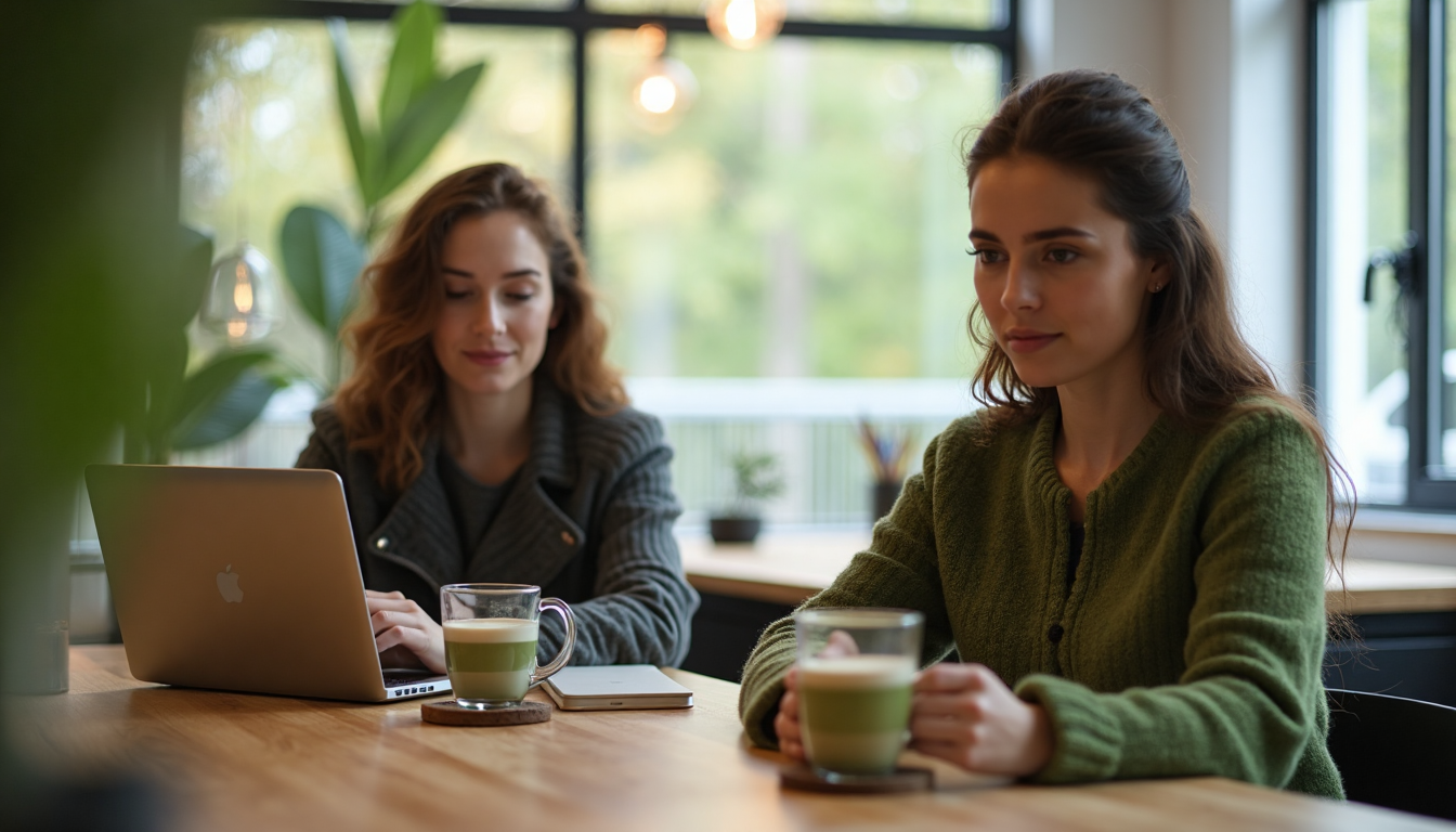 Zwei Frauen trinken Matcha und arbeiten im Co-Working-Space