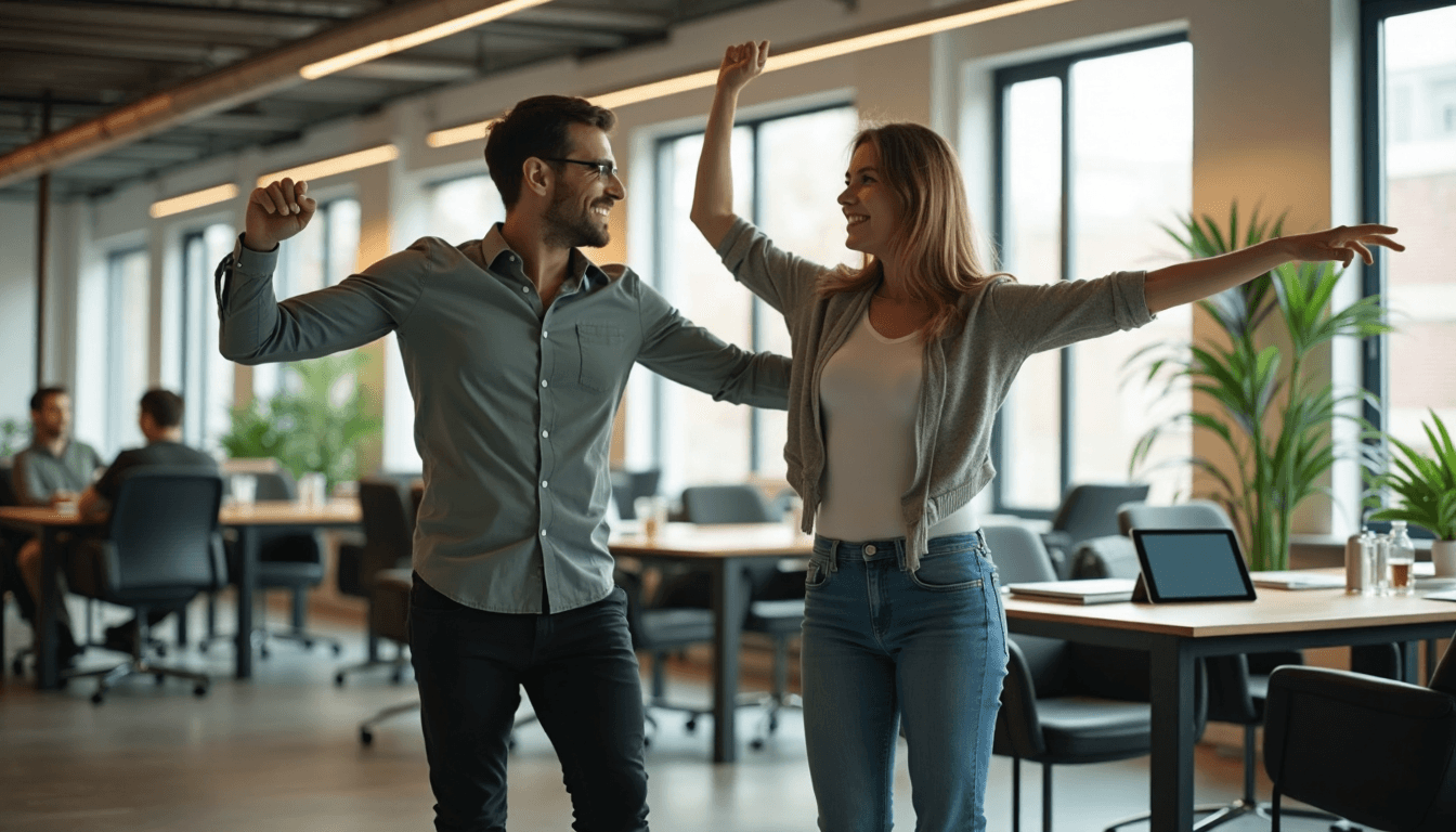 Colleagues stretching together in a bright office