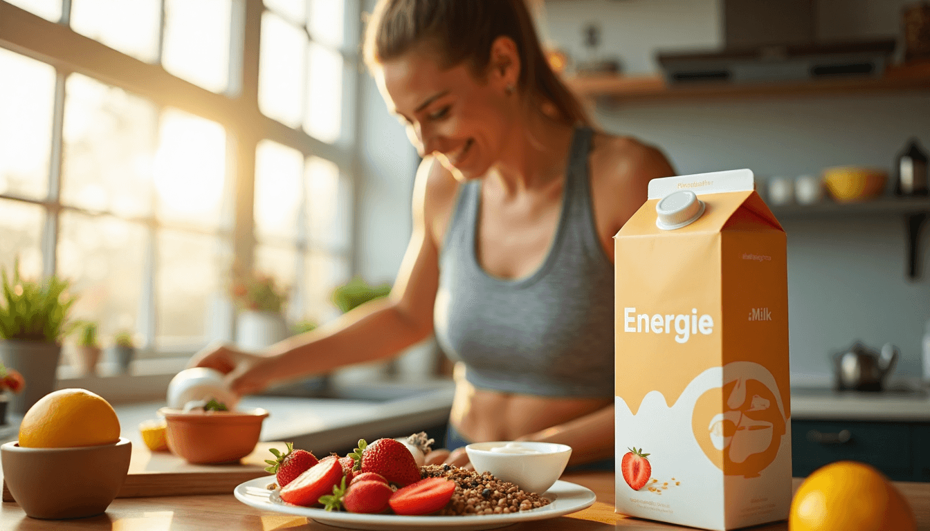 Frau bereitet energiegeladenes Frühstück mit sichtbar beschrifteter Milchpackung zu