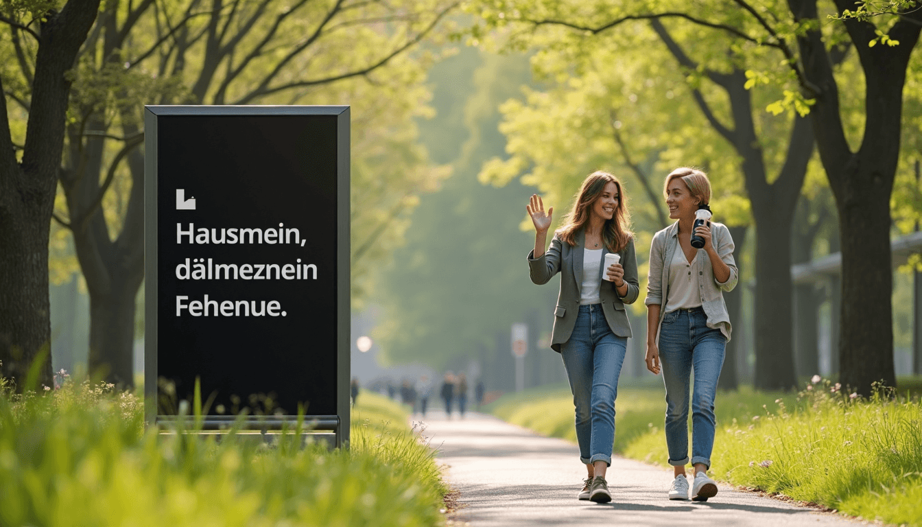 Friends walk in park, black city sign 'Hausmittel gegen Müdigkeit'