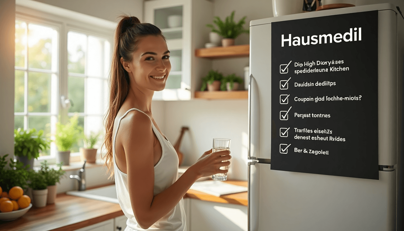 Woman drinks water, black fridge poster with 'Hausmittel Müdigkeit'