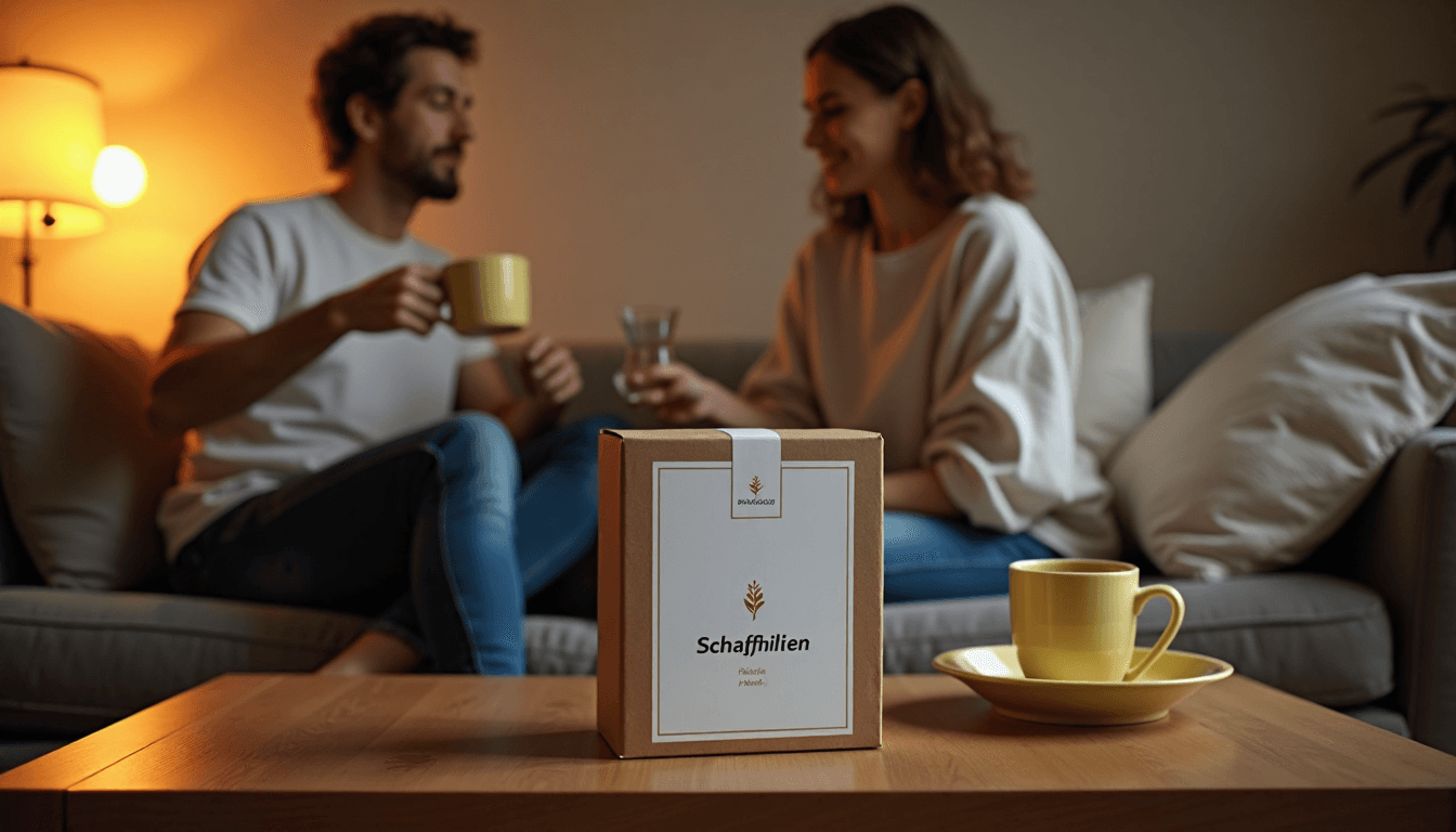Woman pours tea, man arranges pillows; 'Schlafhilfen' tea box visible