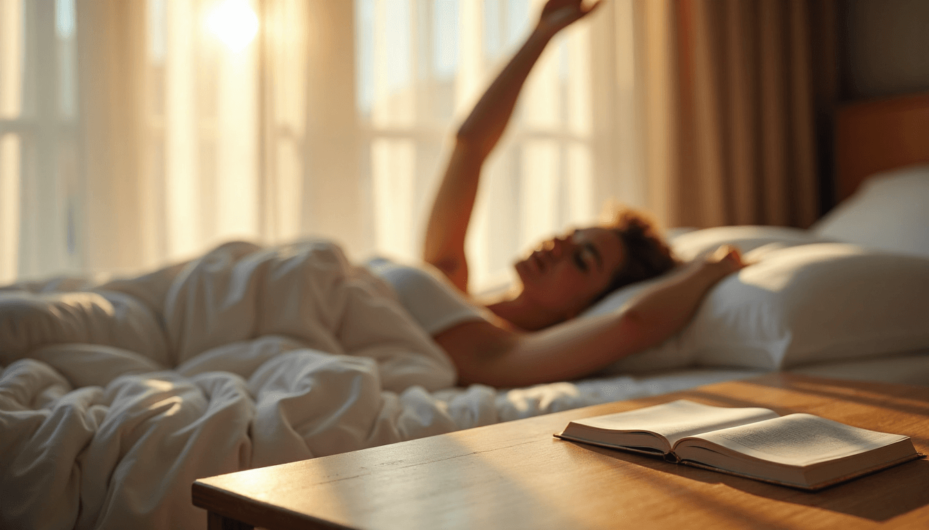 Person stretching in sunlit, tidy bedroom with bedside 'Besser schlafen' text