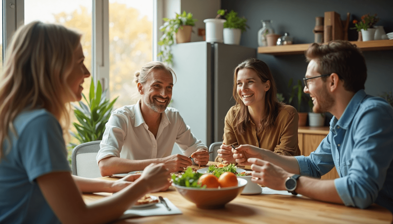 Coworkers sharing vitamin B-rich snacks in bright office kitchen with subtle text label
