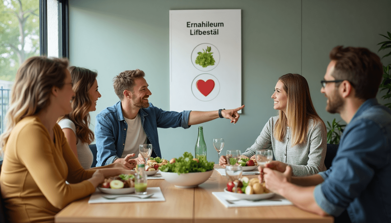 Office teammates eating healthy lunch with poster