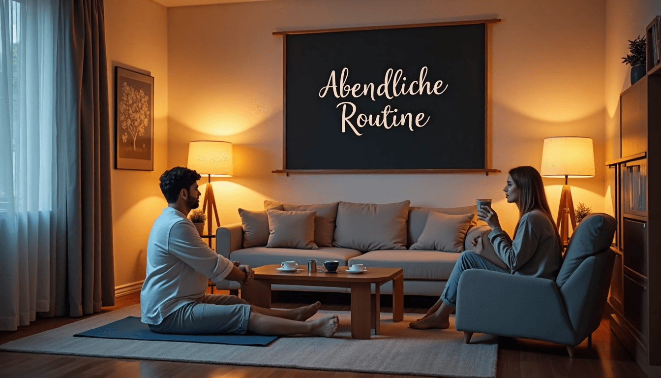 Paar entspannt abends mit Yoga und Tee im Wohnzimmer