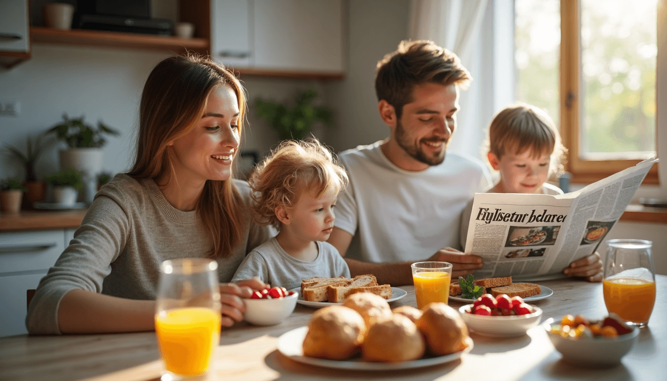 Familie genießt gesundes Frühstück am sonnigen Esstisch