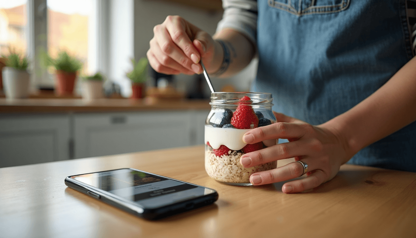 Junger Erwachsener bereitet Overnight Oats am Küchentresen zu