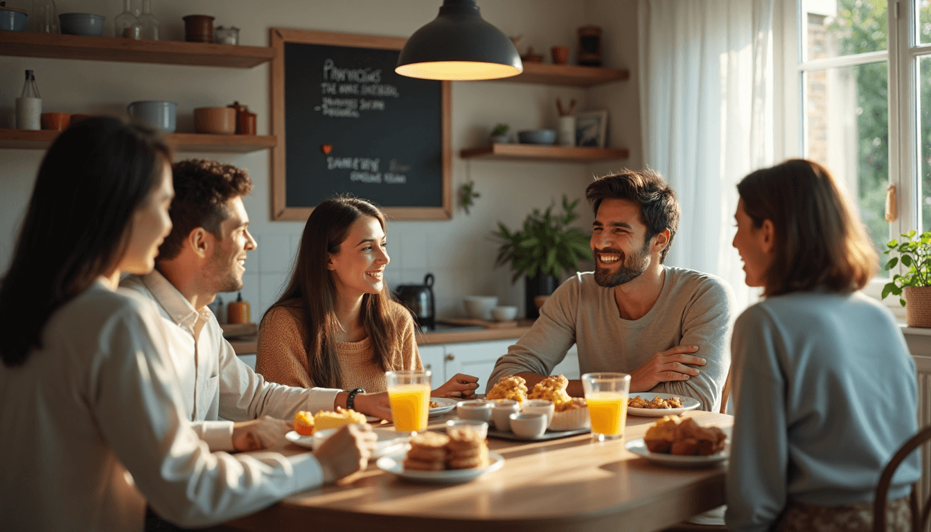 Family and friends talk in kitchen, Resilienz Booster magnet on pinboard