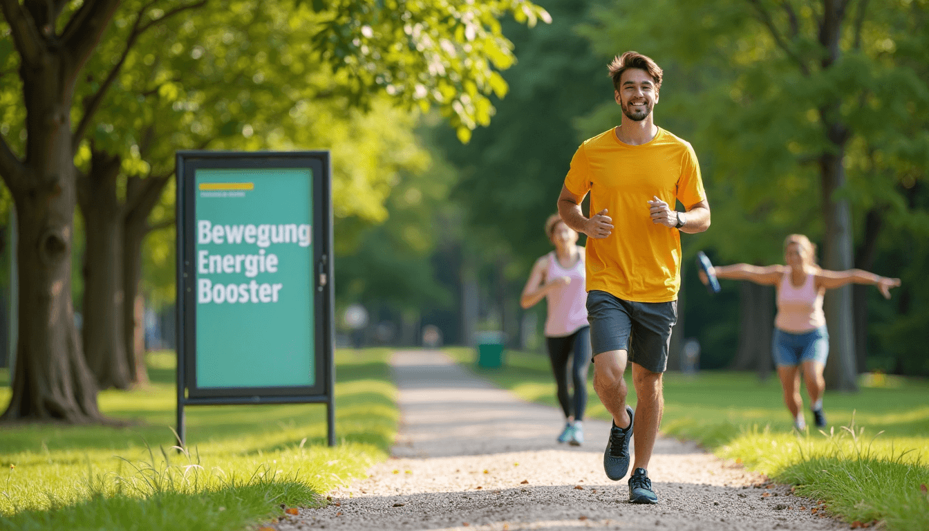 Young man walking, friends stretching, Bewegung Energiebooster sign