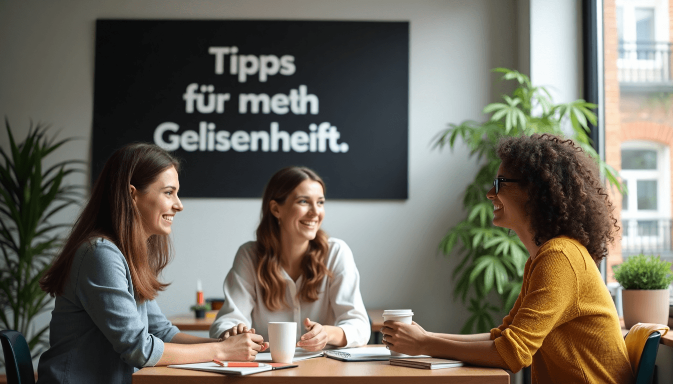 Coworkers laughing near Gelassenheit poster in break room