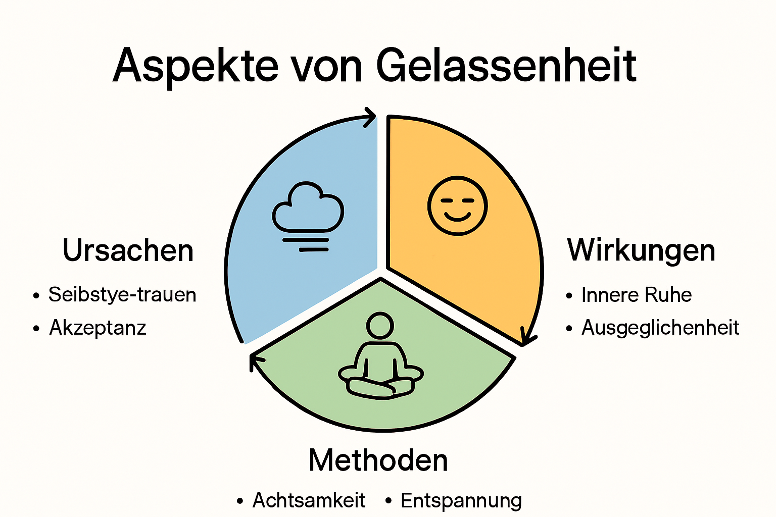 Infografik zu psychologischen Aspekten der Gelassenheit mit Ursachen und Wirkungen