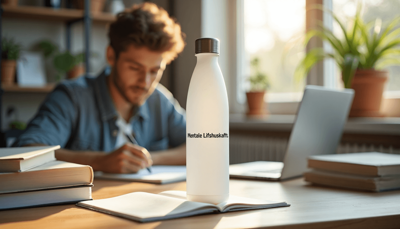 Student studies in sunny workspace with branded water bottle
