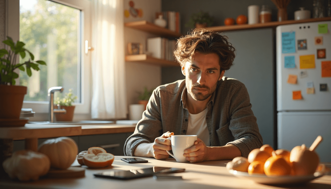 Tired adult at breakfast with fridge note reading 'Konzentrationsschwäche Ursachen'