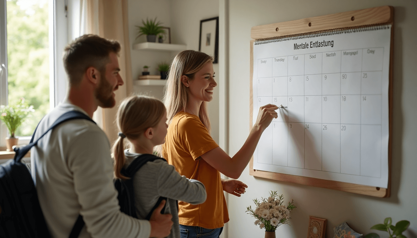 Family organizing morning with shared wall calendar