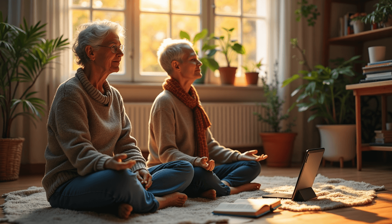 Older woman and young man meditating with mindfulness app text visible