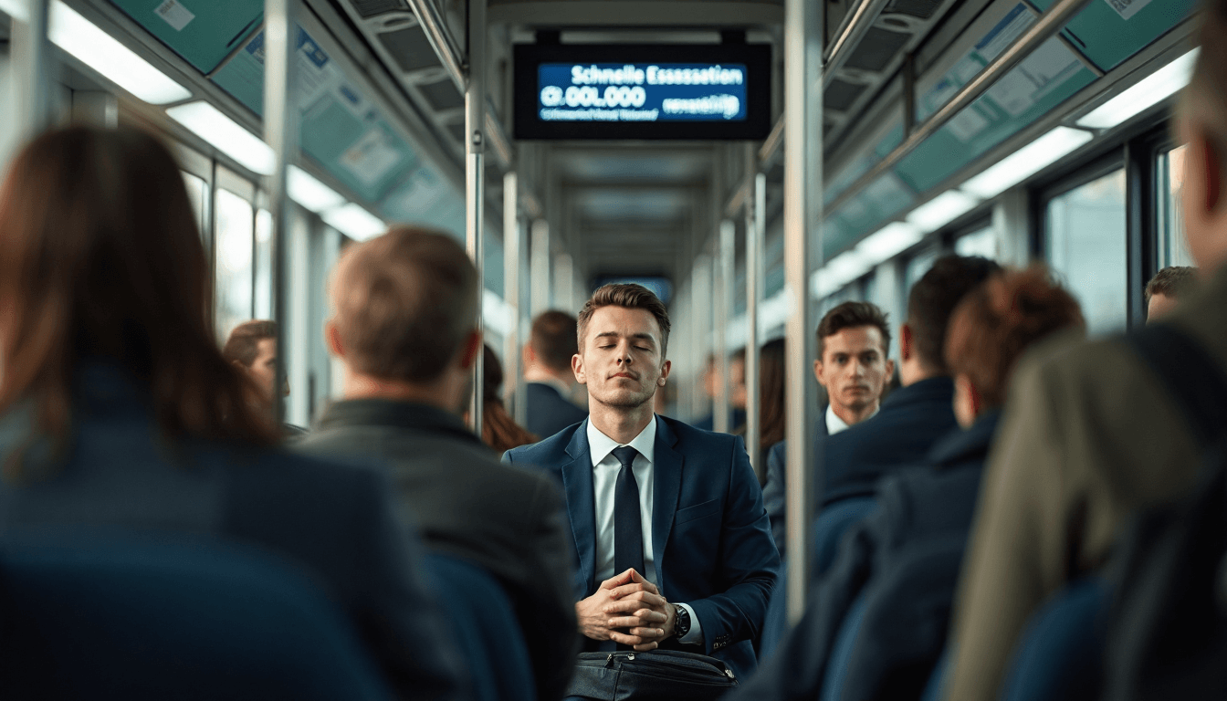Pendler atmet tief durch in voller U-Bahn, LED-Text über ihm