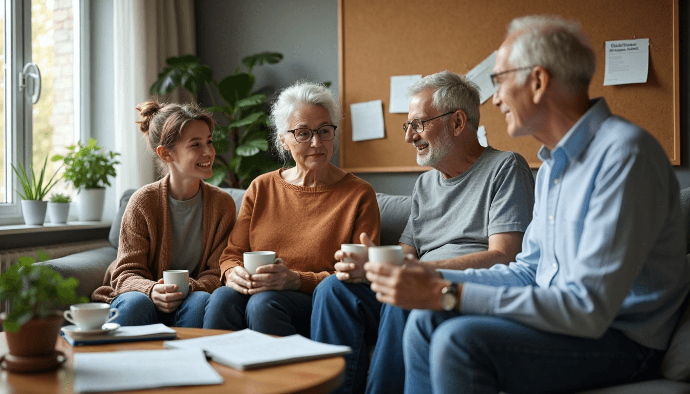 Three generations discussing sleep needs with sleep tips board